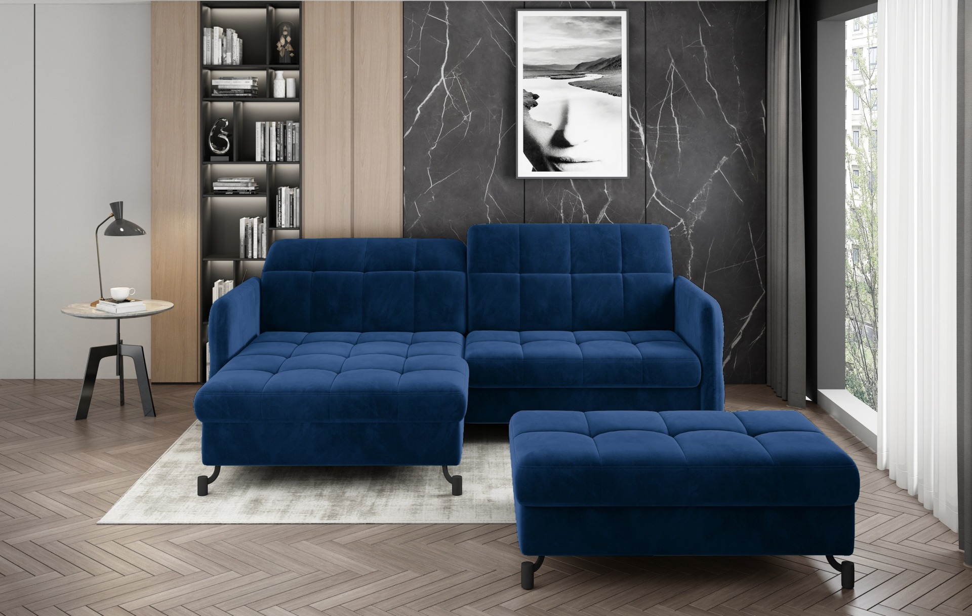 Lorelle kampinė sofa + pufas PREMIUM grupė