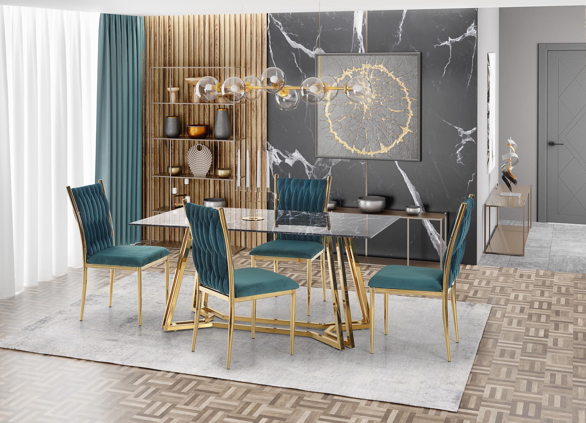 KONAMI stalas, spalva: stalviršis - juodas marmuras, kojos - auksinės