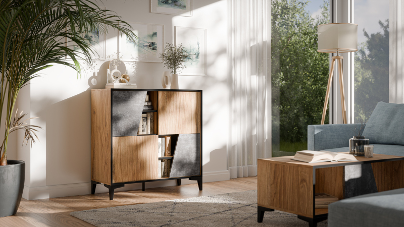 OVO knygų lentyna 4D tamsus betonas / pirmykštis ąžuolas