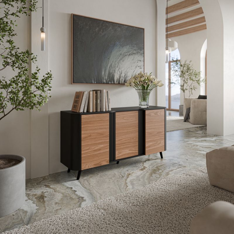 VOLARE komoda 150 (3D) juoda matinė/riešutmedžio spalva