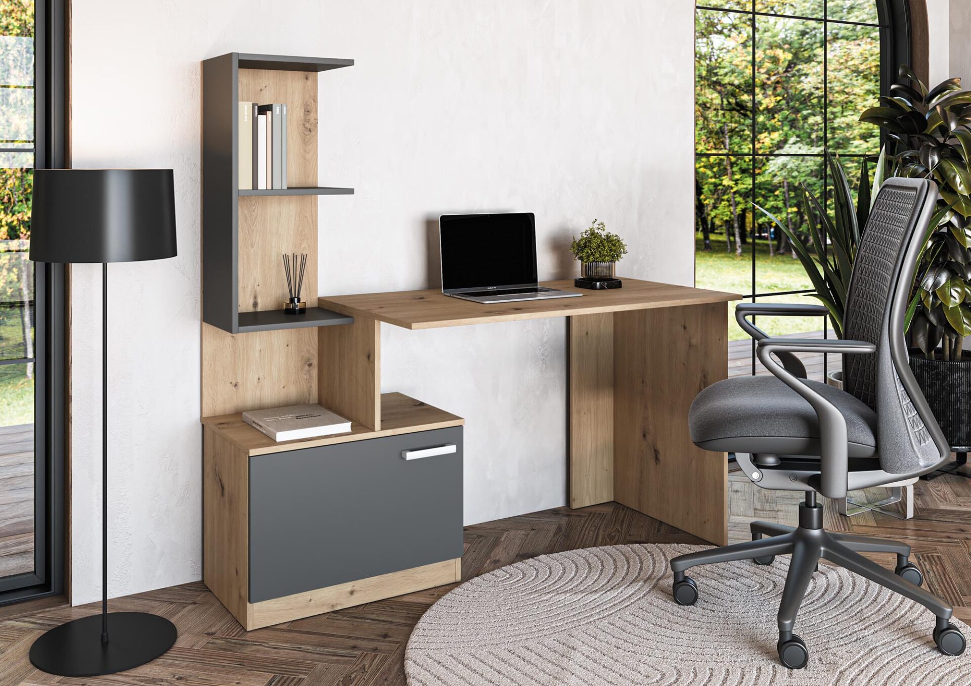 MISO rašomasis stalas, grafito spalvos / ąžuolo spalvos