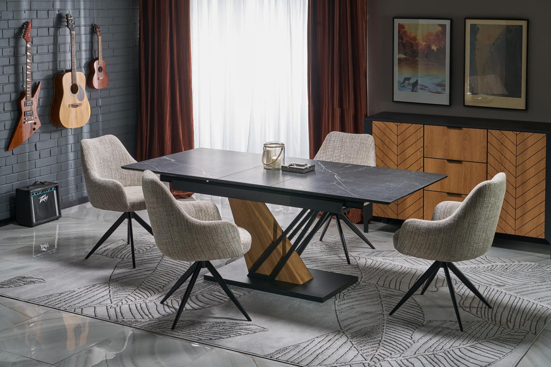 VOLANT 160 prailginamas stalas, stalviršis - juodas marmuras, kojos - auksinis ąžuolas / juoda