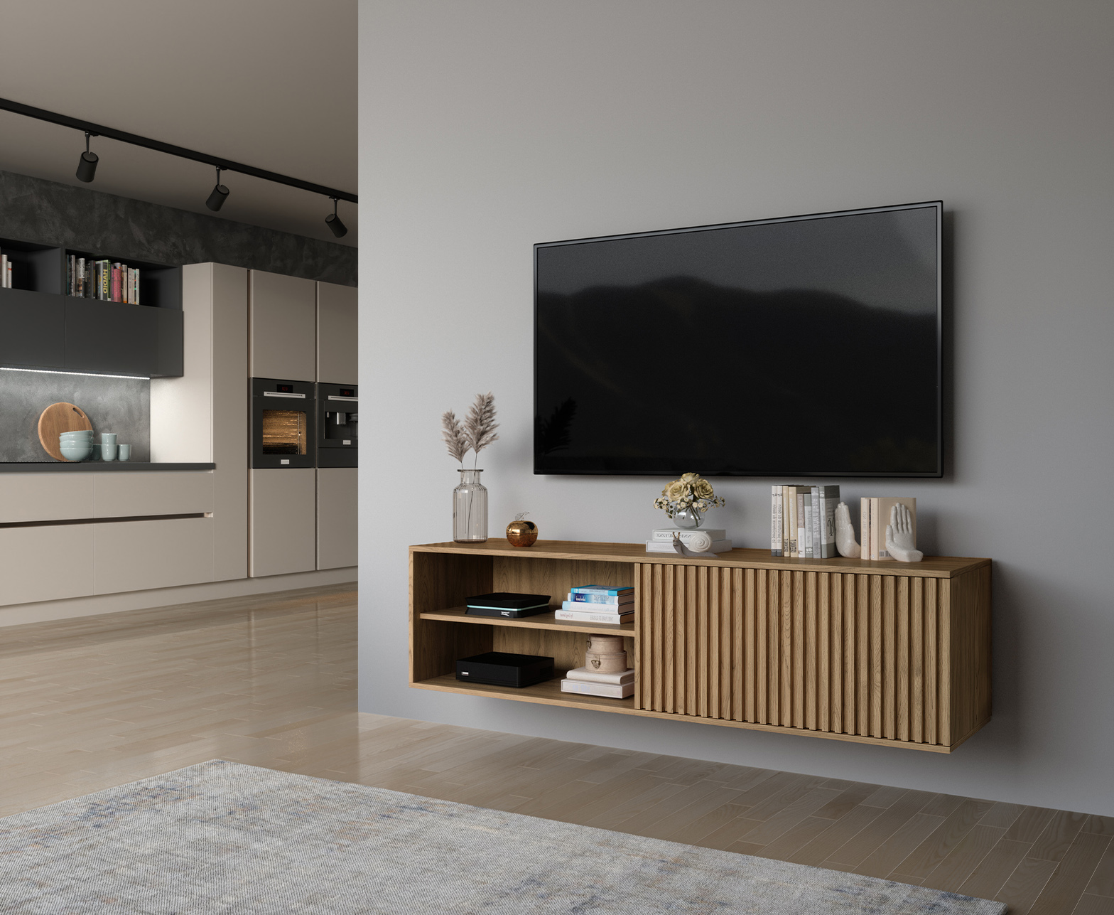 „Entsian 150 Artisan Oak“ prie sienos tvirtinama televizoriaus spintelė - Paveikslėlis 2