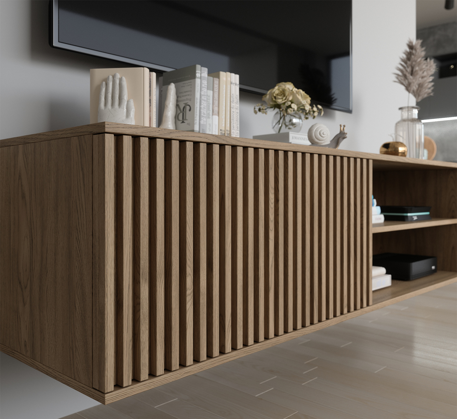 „Entsian 150 Artisan Oak“ prie sienos tvirtinama televizoriaus spintelė - Paveikslėlis 6