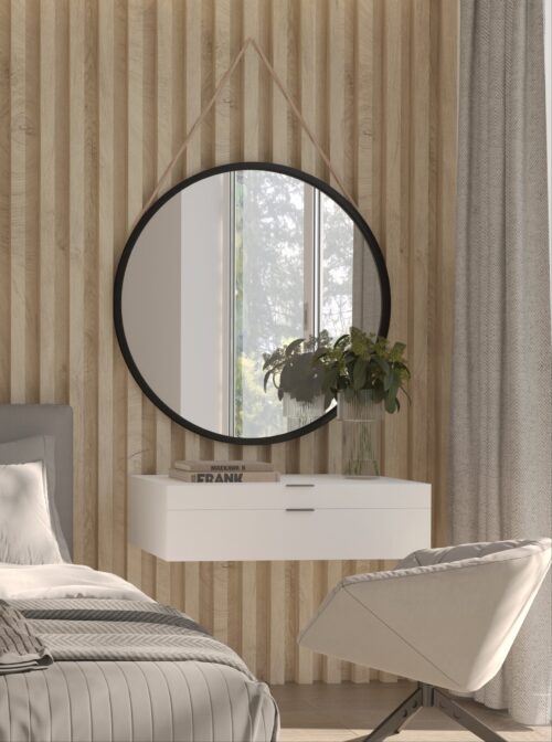 „Grace“ apvalus veidrodis ant virvės, 80 cm, juodas