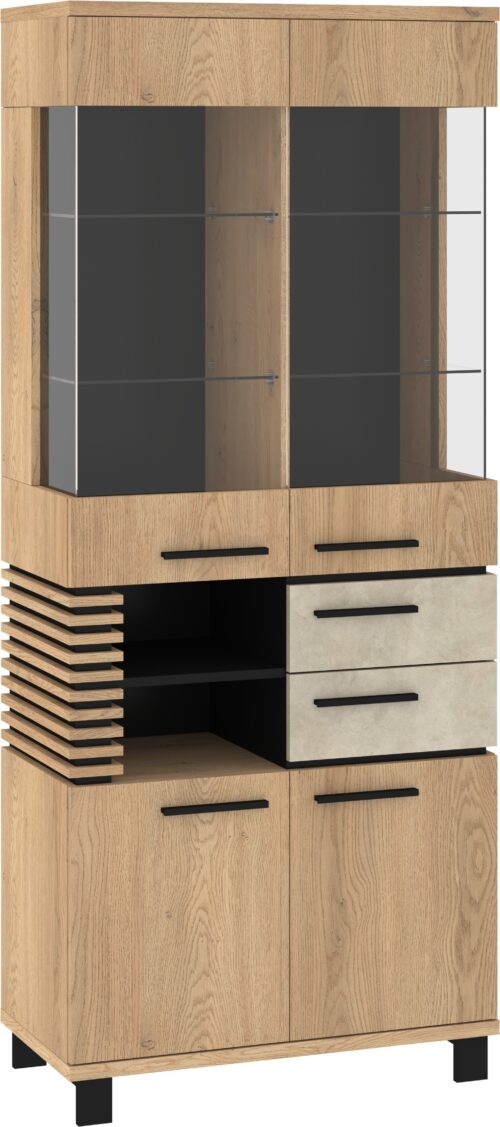 MILAR 15 aukšta vitrina svetainei, 2x2x2 cm, ąžuolo spalvos, juodojo migdolo spalvos