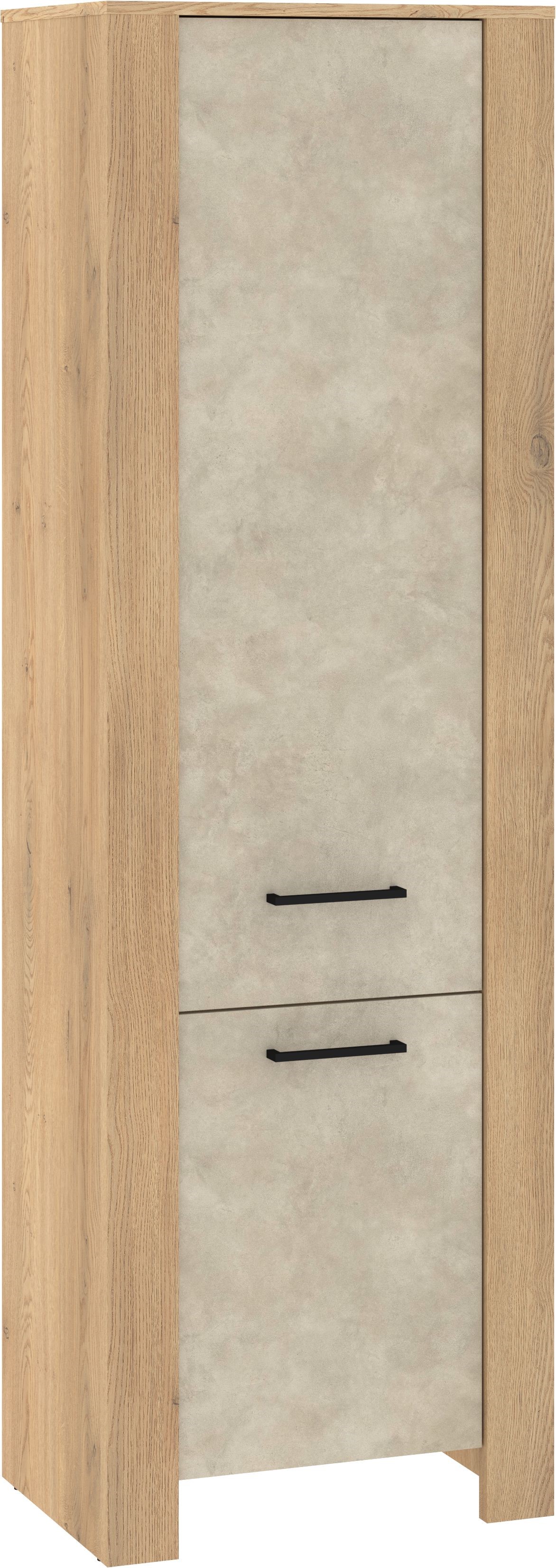 DELIS 01 baldai siaura uždara knygų lentyna su lentynomis patalynės spinta, kremonos ąžuolo pilka spalva