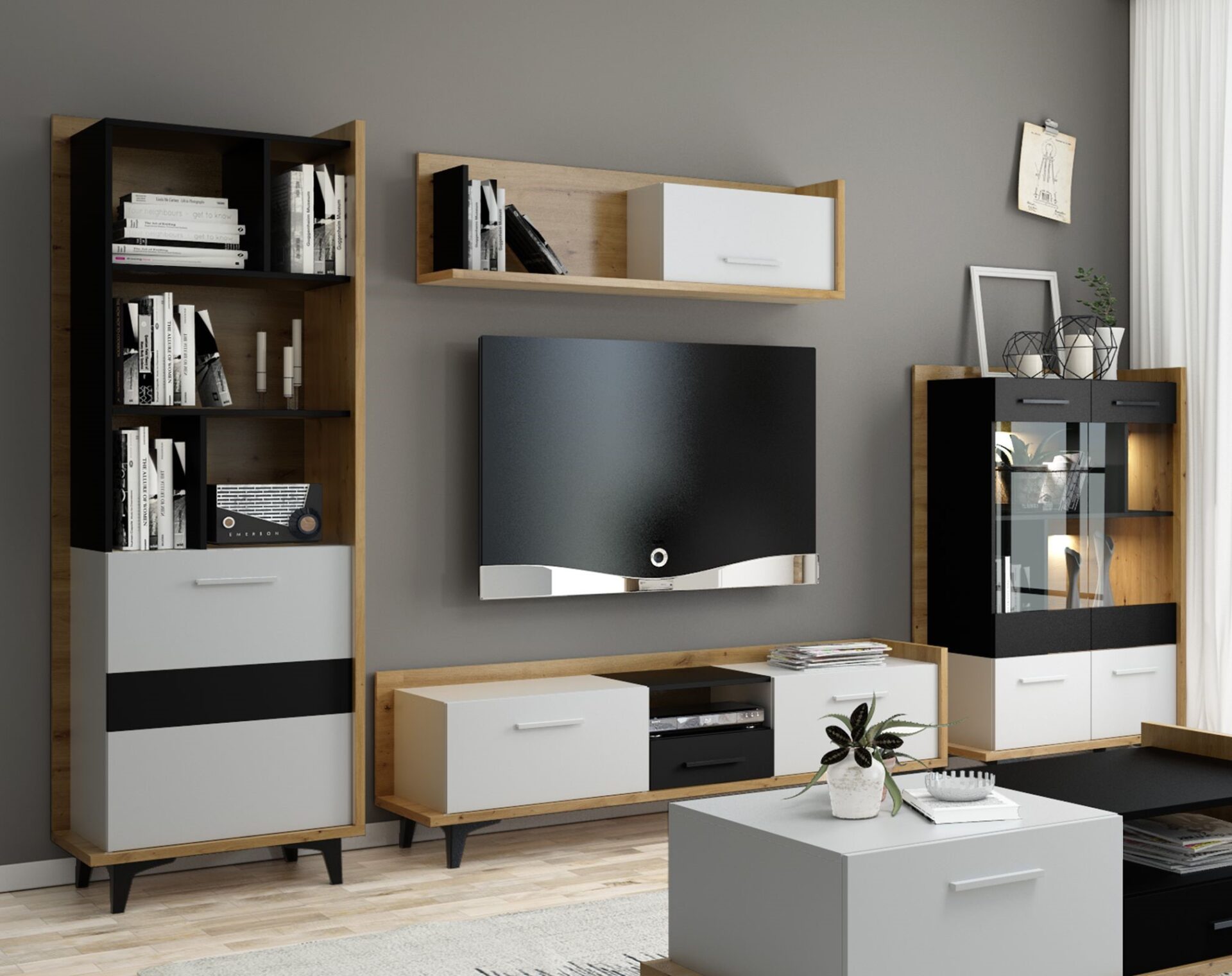 DOX #1 svetainės baldai, sieninė spintelė, knygų lentyna, televizoriaus spintelė, lentyna, amatininkų vitrina, spintelė