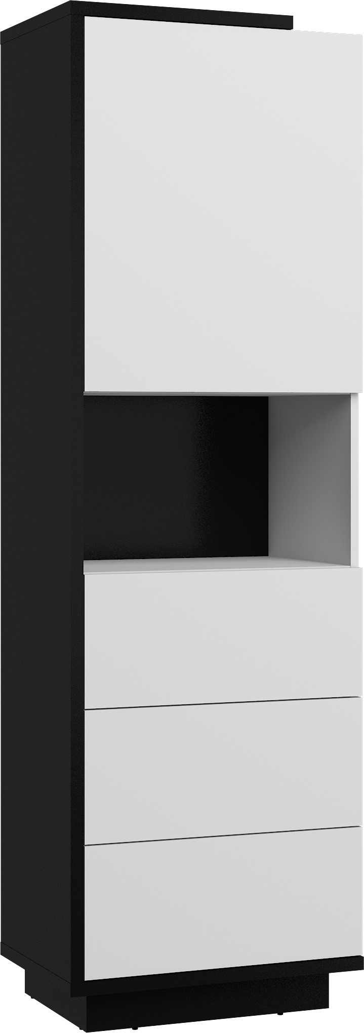 BRITA 18 baldai, aukšta lentyna su stalčiais, durelėmis, lentyna, juodai balta blizgi