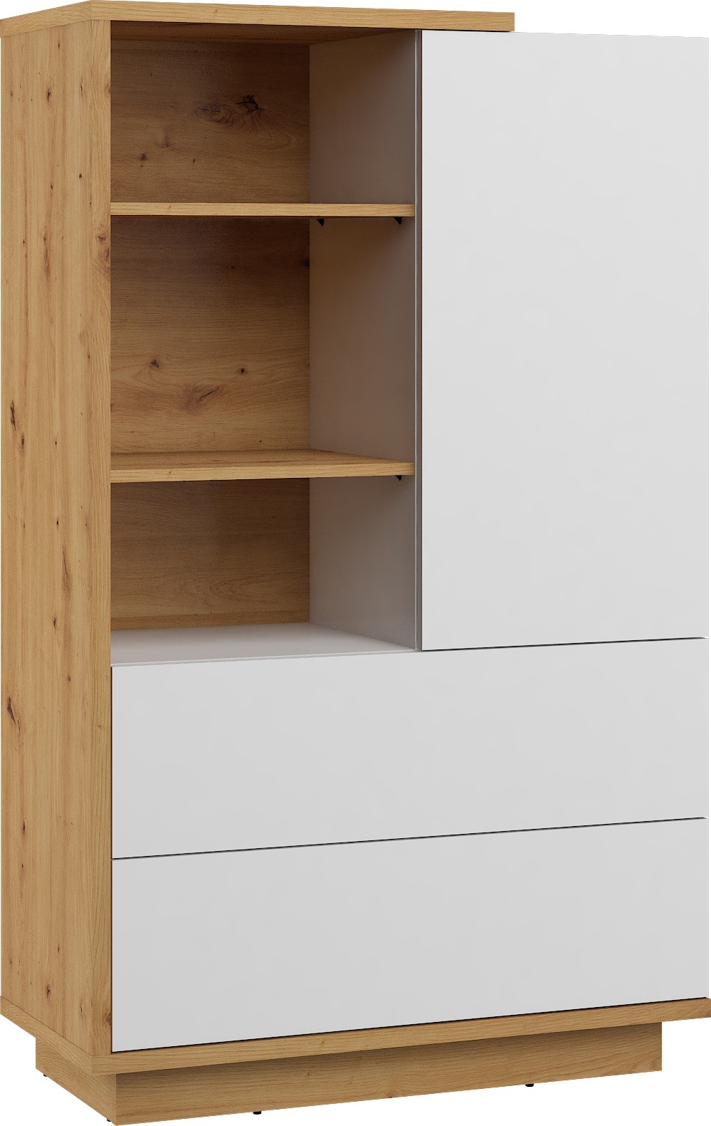 BRITA 17 žema knygų lentyna su stalčiais ir lentynomis, dirbtinio ąžuolo spalvos, balta blizgi