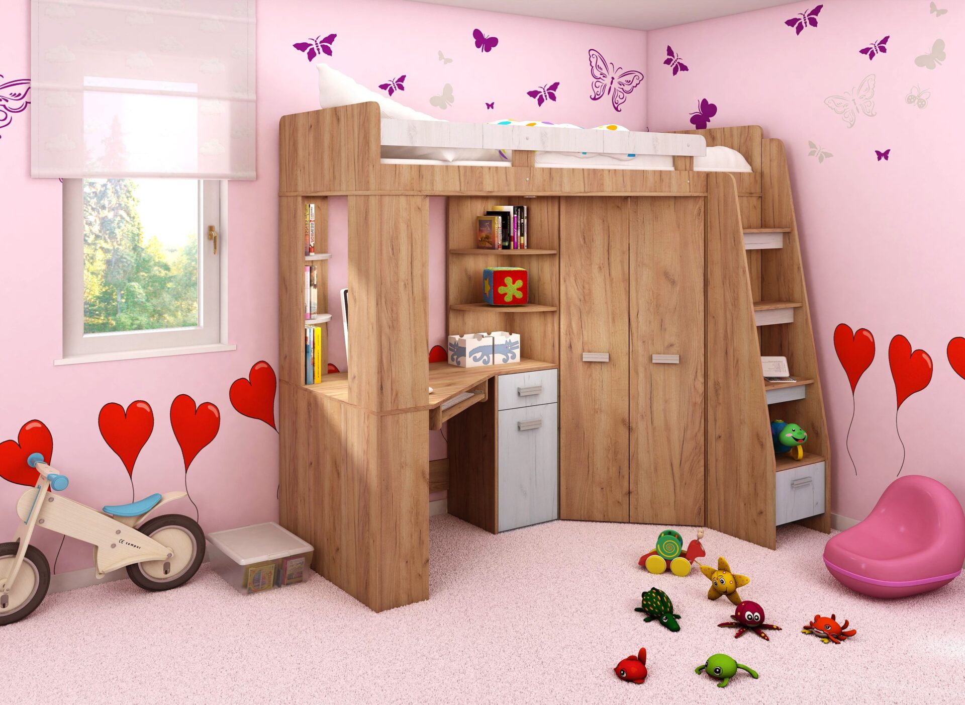 Dviaukštė lova su stalu, kampinė spinta, antresolė SOLA P craft aukso balta