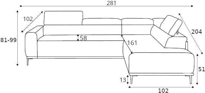 Dešiniojo kampo sofa Gandi L Corner 140 su miegamąja funkcija, itališko tipo rėmu ir Gr1 konteineriu — изображение 9
