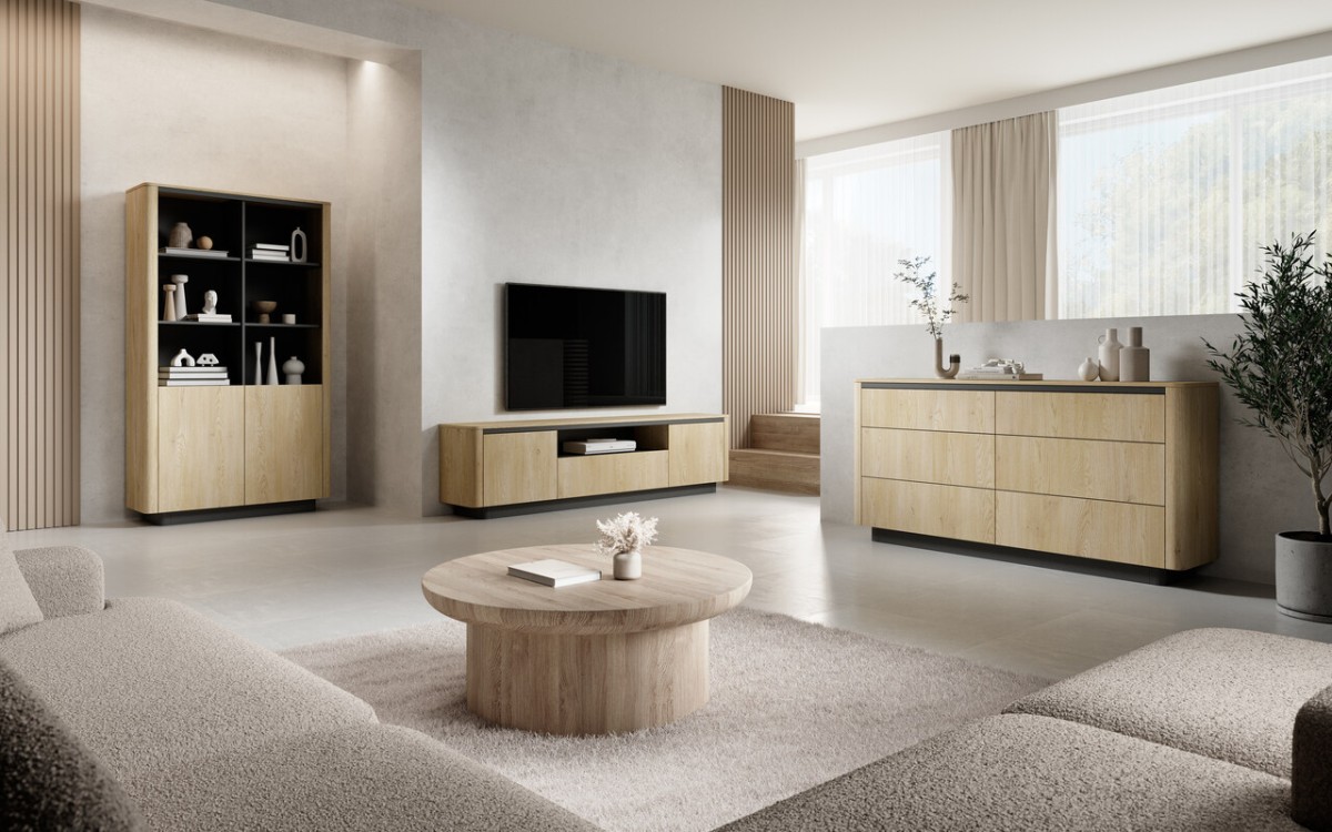 Skandinaviško stiliaus svetainės sieninė spintelė Torro baldai