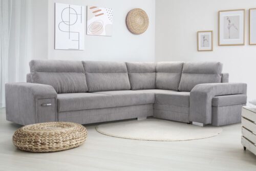 Alvares išskleidžiama kampinė sofa su baru ir pufu