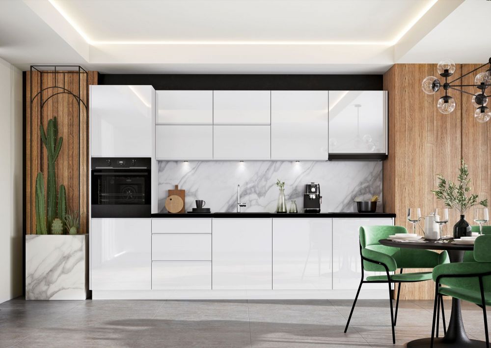 Nina virtuvės komplektas, baltas blizgus, 300 cm