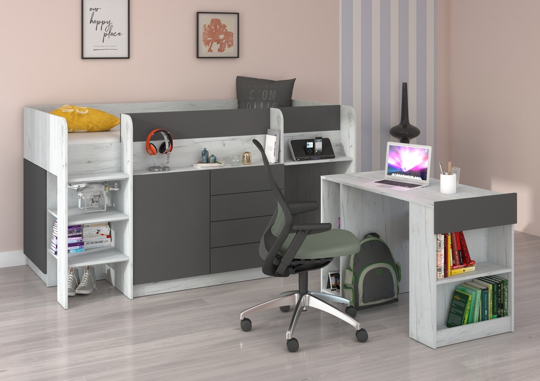 Dviaukštė lova, rašomasis stalas, komoda, antresolė, EMI L craft, baltas grafitas