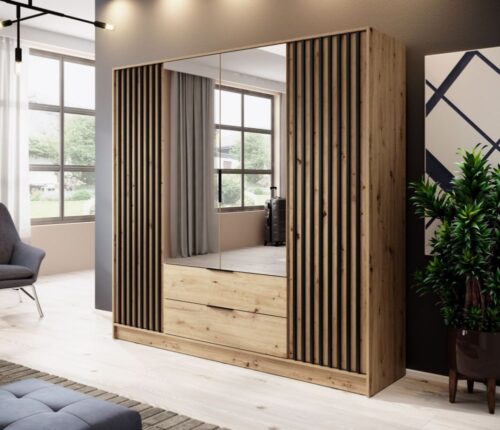 Nelly 4D spinta, dirbtinio ąžuolo spalvos, su veidrodžiais ir grotelėmis