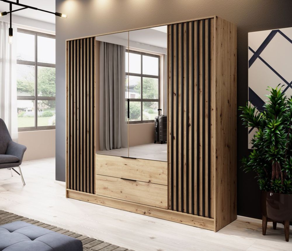 Nelly 4D spinta, dirbtinio ąžuolo spalvos, su veidrodžiais ir grotelėmis