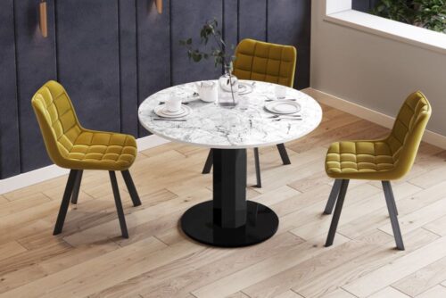 SOLO LUX išskleidžiamas stalas 100(144)x100 baltas marmuras/juoda blizgi spalva