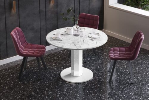 SOLO LUX išskleidžiamas stalas 100(144)x100 baltas marmuras/balta blizgi spalva