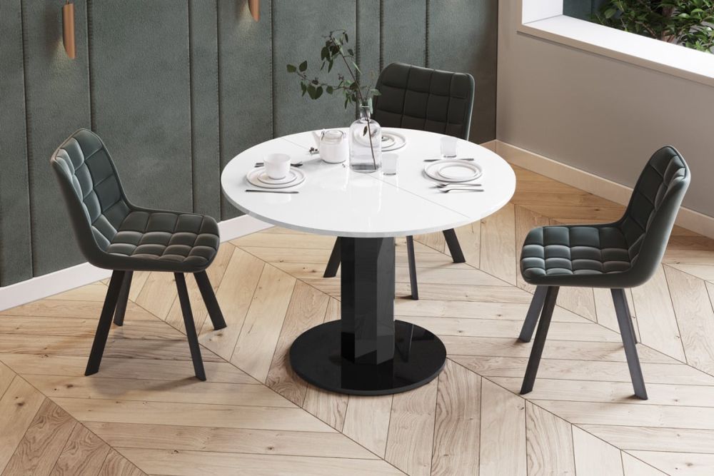 SOLO LUX išskleidžiamas stalas 100(144)x100 blizgi balta/blizgi juoda