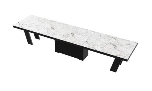 GRANDE išskleidžiamas stalas 160(412)x100 baltas marmuras/juoda blizgi