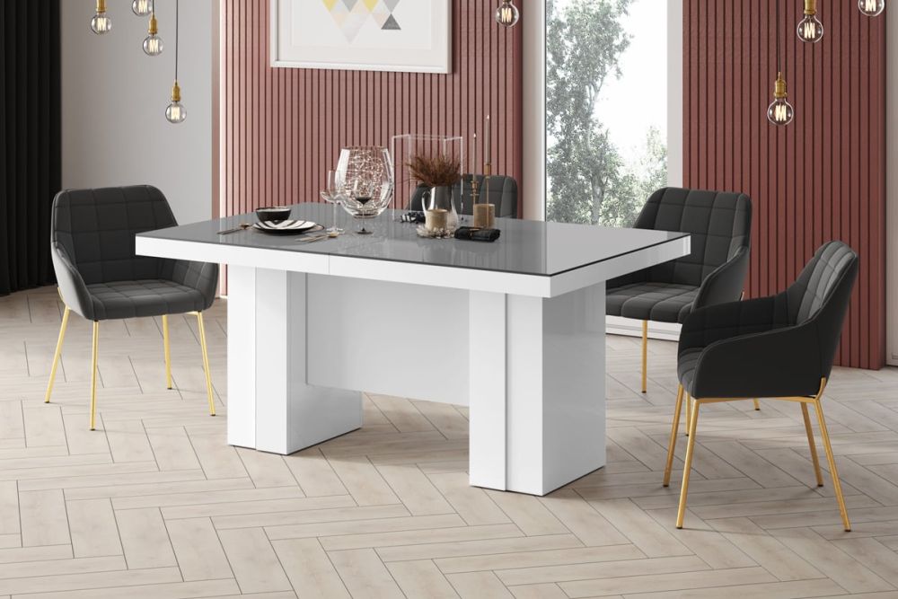 LARGO išskleidžiamas stalas 160(400)x89 blizgi pilka/blizgi balta