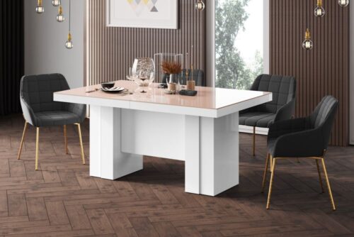 LARGO išskleidžiamas stalas 160(400)x89 kapučino spalvos blizgus/baltas blizgus