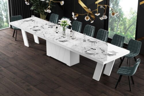 GRANDE išskleidžiamas stalas 160(412)x100 baltas marmuras/balta blizgi