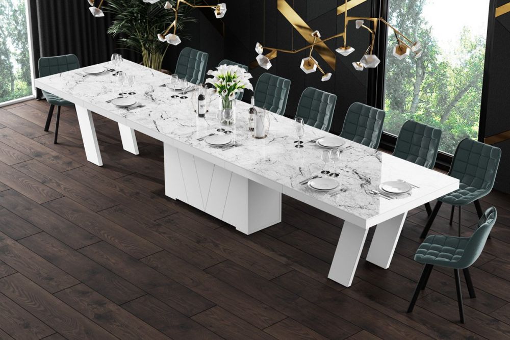 GRANDE išskleidžiamas stalas 160(412)x100 baltas marmuras/balta blizgi