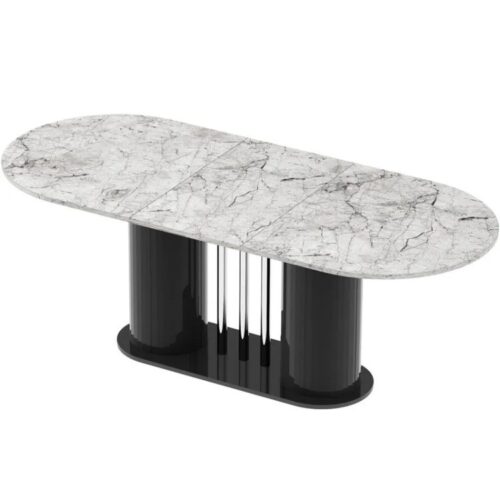 CESARO išskleidžiamas stalas 160(208)x89 baltas venatino marmuras/juodas blizgus