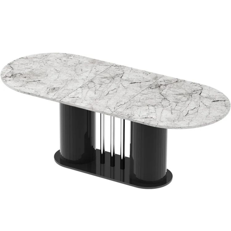 CESARO išskleidžiamas stalas 160(208)x89 baltas venatino marmuras/juodas blizgus