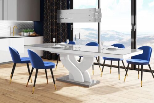 BELLA išskleidžiamas stalas 160(256)x89 blizgi pilka/blizgi balta