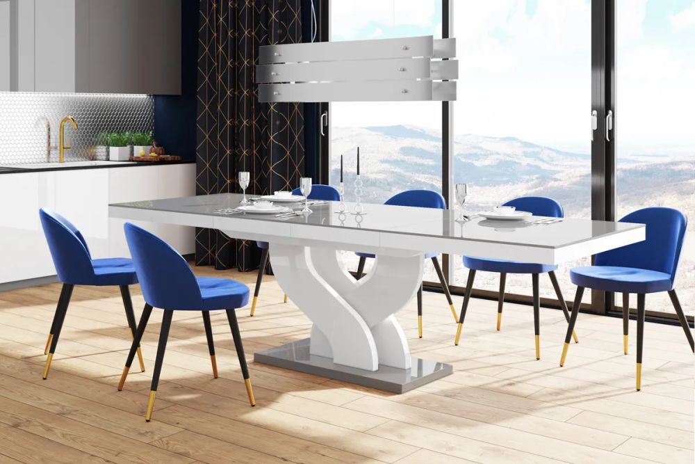 BELLA išskleidžiamas stalas 160(256)x89 blizgi pilka/blizgi balta