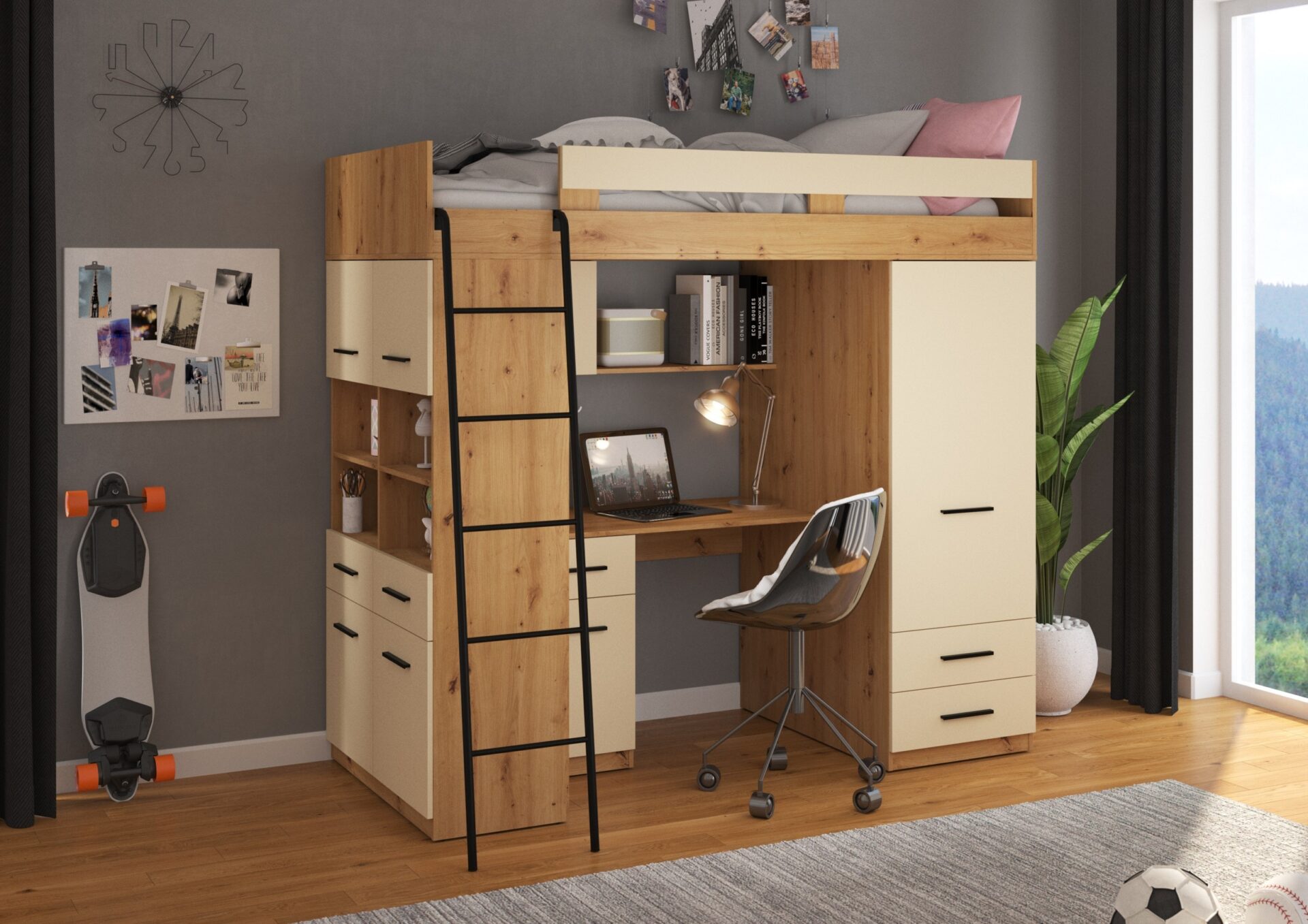 VELVE L antresolė be kilimėlių. Artisan ąžuolas / kreminė spalva