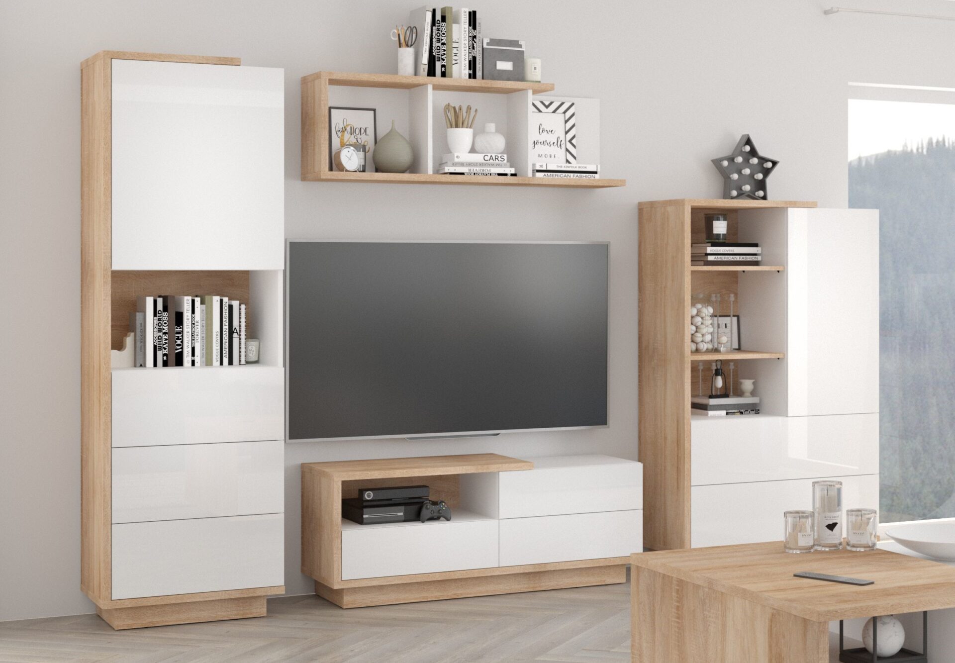 BRITA #1 svetainės baldai, TV spintelė, lentyna, Sonoma ąžuolas, balta blizgi spalva