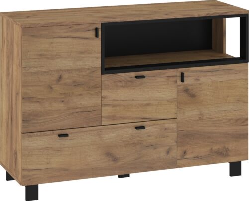 GAVES 02 baldai, didelė komoda su durelėmis svetainei, ąžuolas su juoda spalva