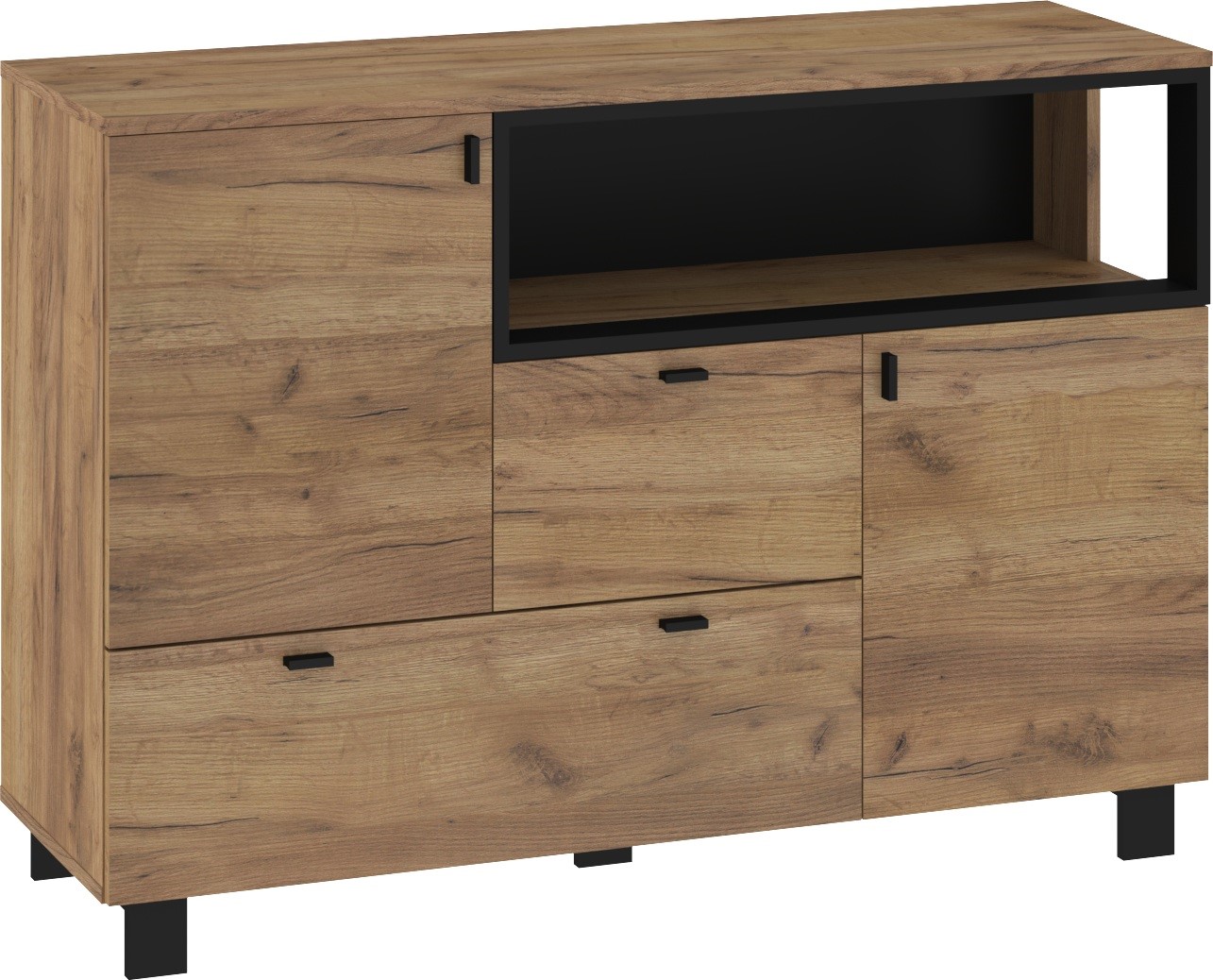 GAVES 02 baldai, didelė komoda su durelėmis svetainei, ąžuolas su juoda spalva