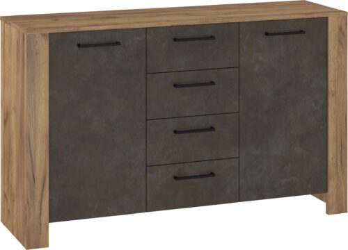 DELIS 03 baldai didelė komoda su durelėmis svetainei, aukso spalvos, pilka