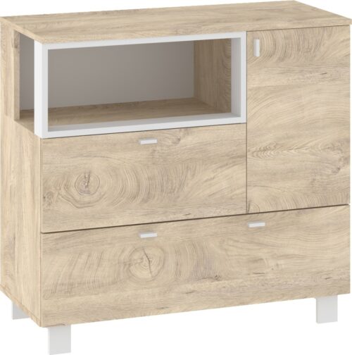 GAVES 01 baldų komoda su kojelėmis svetainei, baltas ąžuolas su gofruotu raštu