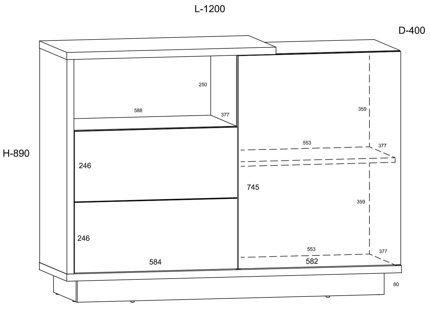 BRITA 03 baldų komoda su durelėmis ir lentyna, ąžuolo spalvos, auksinė, balta, poliruota - Paveikslėlis 2