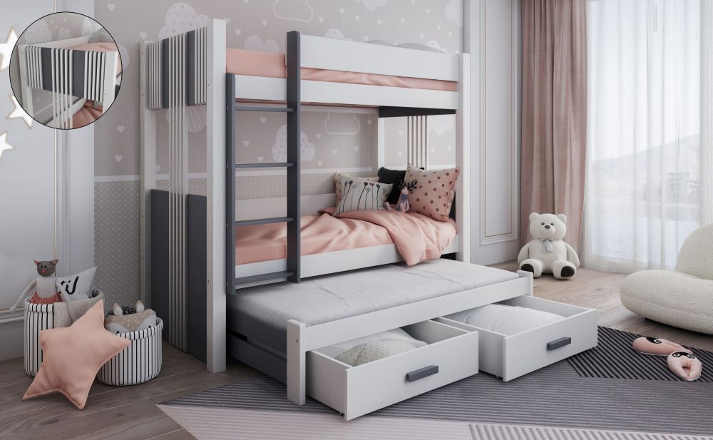 ARTEN III trivietė dviaukštė lova su stalčiais 90x200 cm