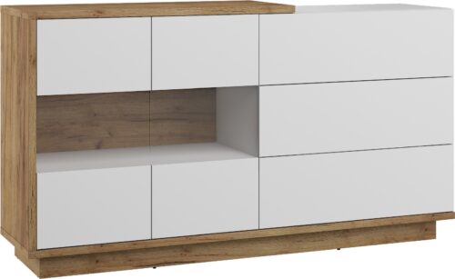 BRITA 10 baldų didelė vitrina komoda, ąžuolas, aukso spalvos, balta, blizgi