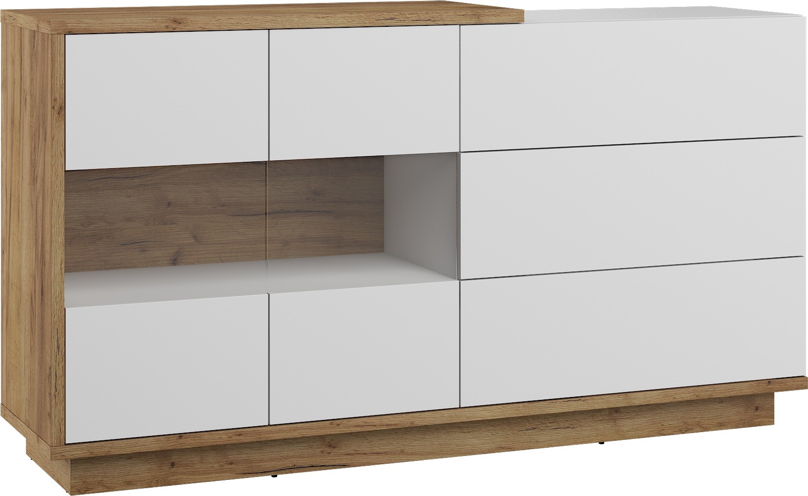 BRITA 10 baldų didelė vitrina komoda, ąžuolas, aukso spalvos, balta, blizgi