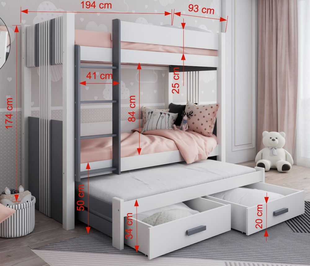 ARTEN III trivietė dviaukštė lova su stalčiais 90x200 cm - Paveikslėlis 4