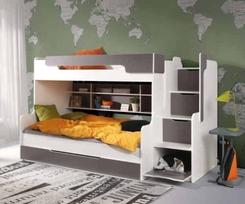 HARRY dviaukštė lova su lentynomis, 2 asmenims, balta-grafito spalvos 90×200 cm