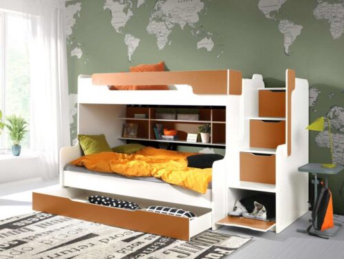 HARRY dviaukštė lova su lentynomis, 2 asmenims, baltai oranžinė 90×200 cm