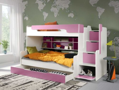 HARRY dviaukštė lova su lentynomis, 2 asmenims, balta ir rožinė 90×200 cm