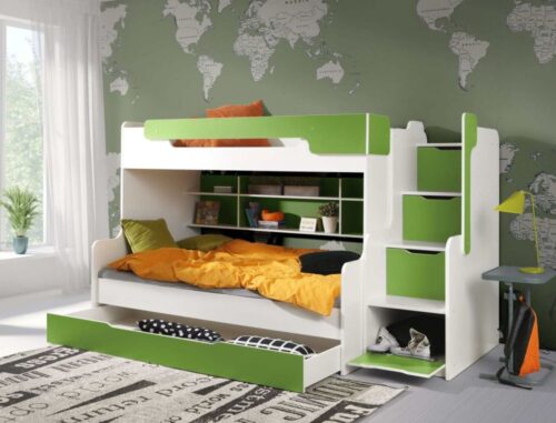 HARRY dviaukštė lova su lentynomis, 2 asmenims, balta ir žalia 90×200 cm