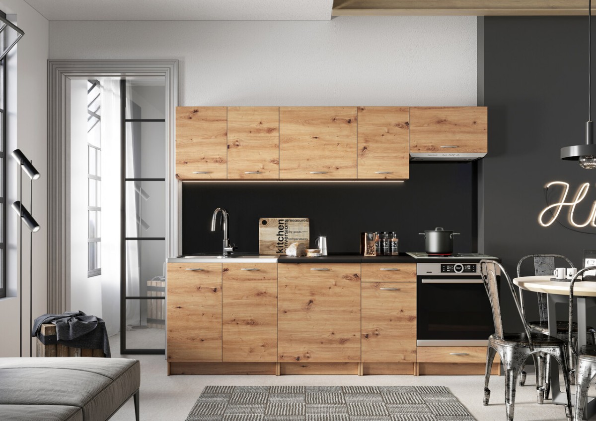 Mela virtuvė 240 cm su DK meniško ąžuolo stalviršiu - SPECIALUS PASIŪLYMAS